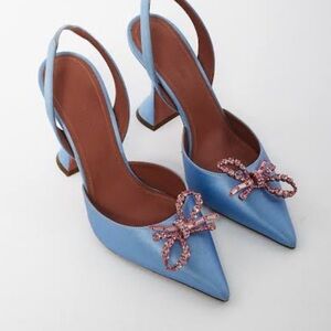 Amina Muaddi Rosie Blue Satin Heels with Pink Crystal Bows 37
